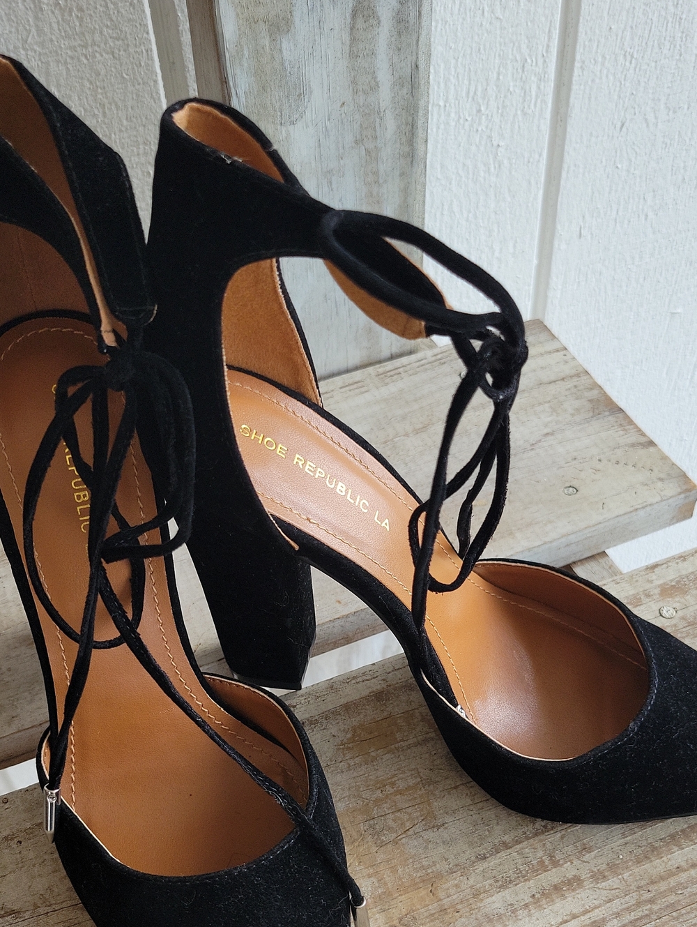 Shoe Republic LA Black Ankle Tie Block Heel Pumps